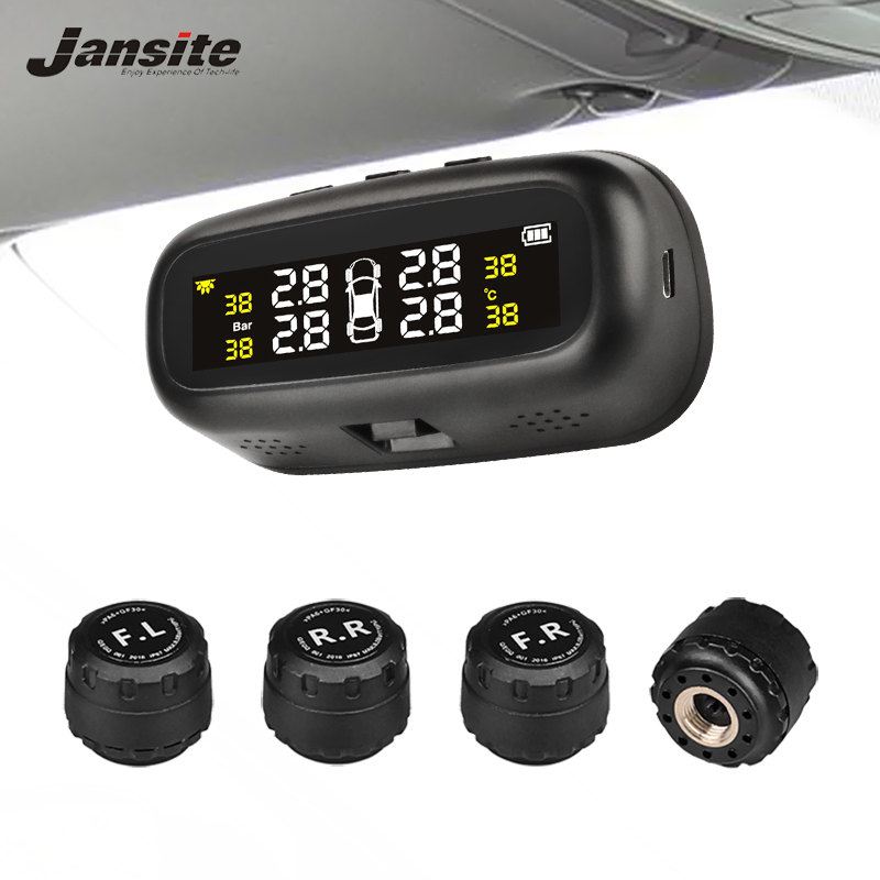 Jansite TPMS Solar Tyre Pressure Monitoring System 22-87 Psi Mount on Windshield with 4 External Sensors Car Tire Real-time Wireless Auto Alarm System 